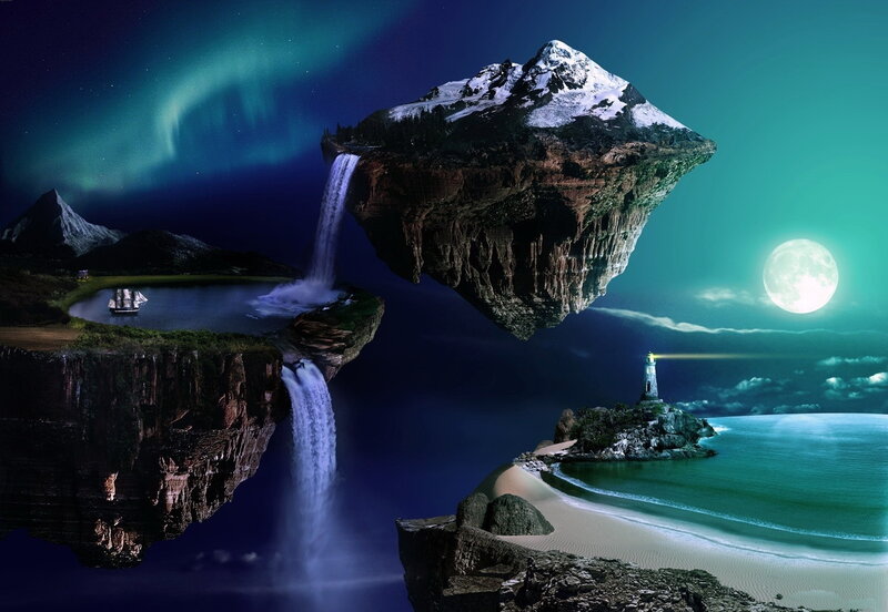 Floating Island with Waterfall — Blue, Fantastical, Night