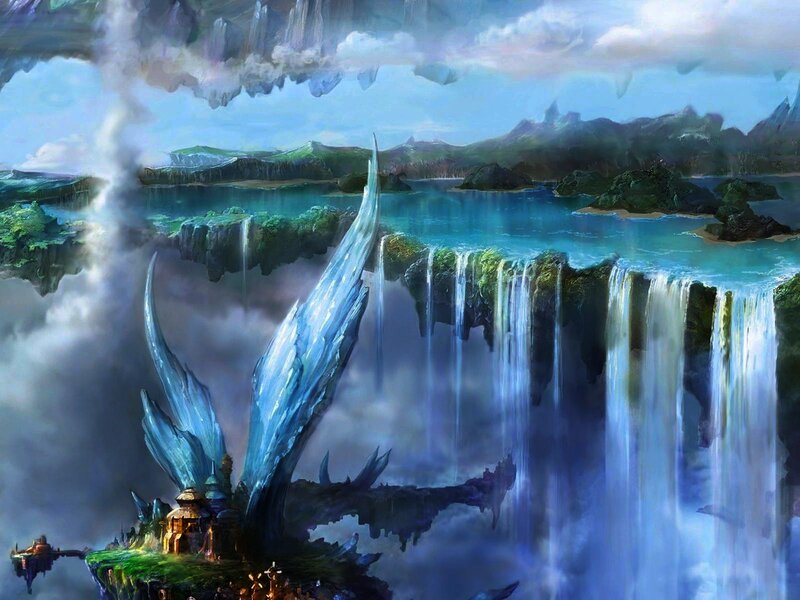 Floating Island with Waterfall — Blue, Fantasy, Digital Art