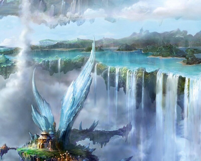 Floating Island with Waterfall — Blue, Serene, Digital Art, Clouds, Crystal Structure