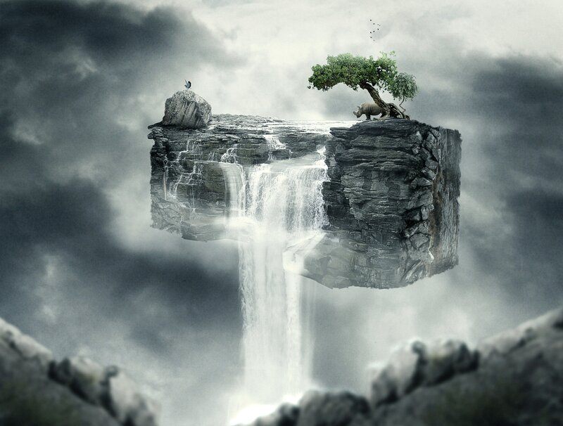 Floating Island with Waterfall — Gray