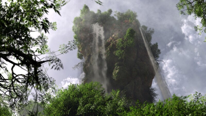 Floating Island with Waterfall — Green, Dramatic, Digital Art