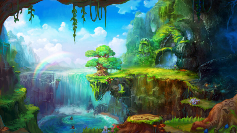 Floating Island with Waterfall — Green, Serene, Afternoon