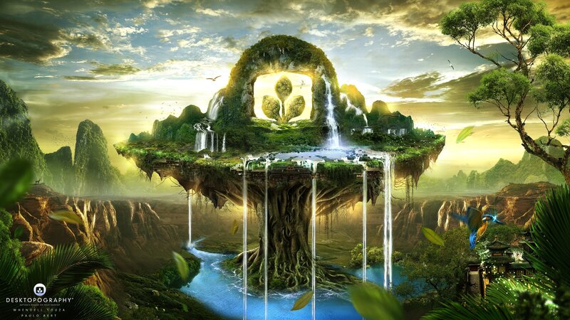 Floating Island with Waterfall — Green, Serene, Sunset, Digital Art