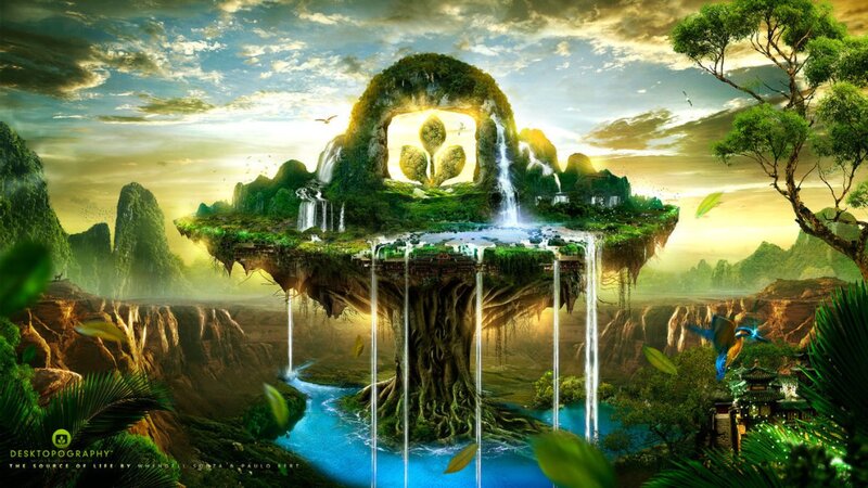 Floating Island with Waterfall — Green, Serene, Sunset