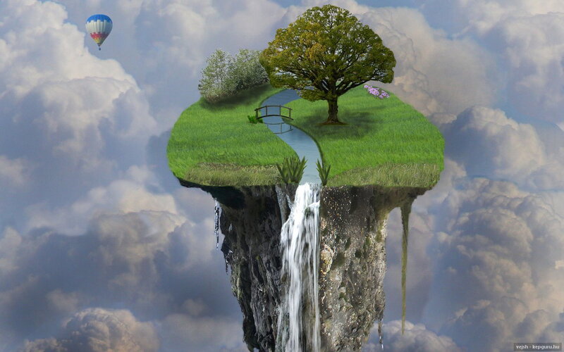 Floating Island with Waterfall — Green, Serene