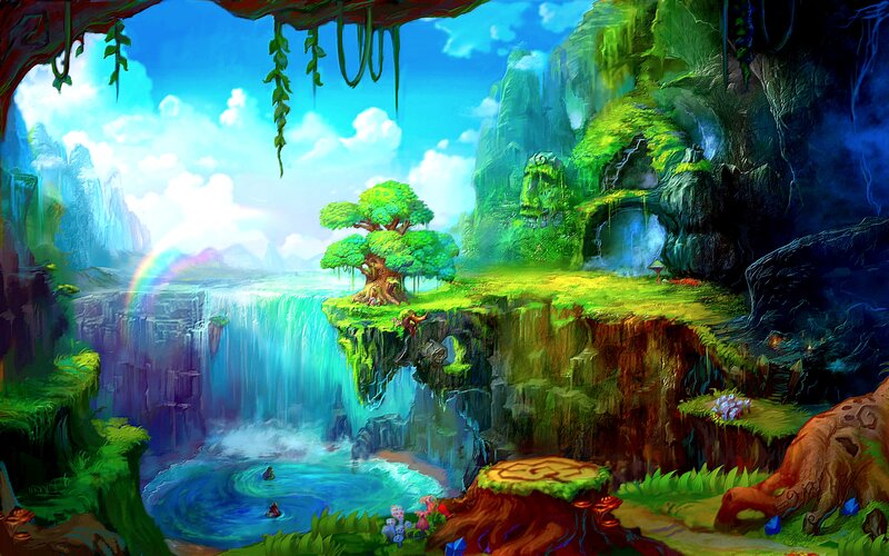Floating Island with Waterfall — Green