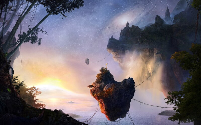 Floating Island with Waterfall — Purple, Serene