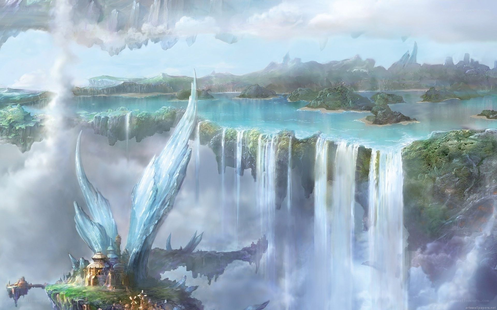 Floating island with waterfalls