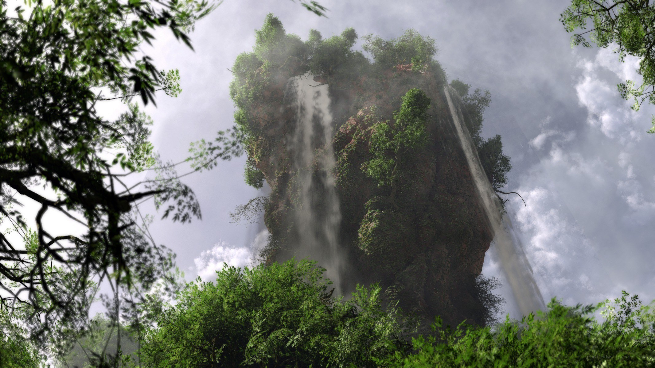 Floating island with waterfalls