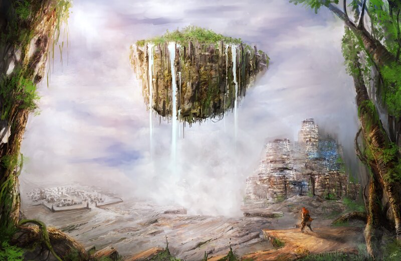 floating island with waterfalls