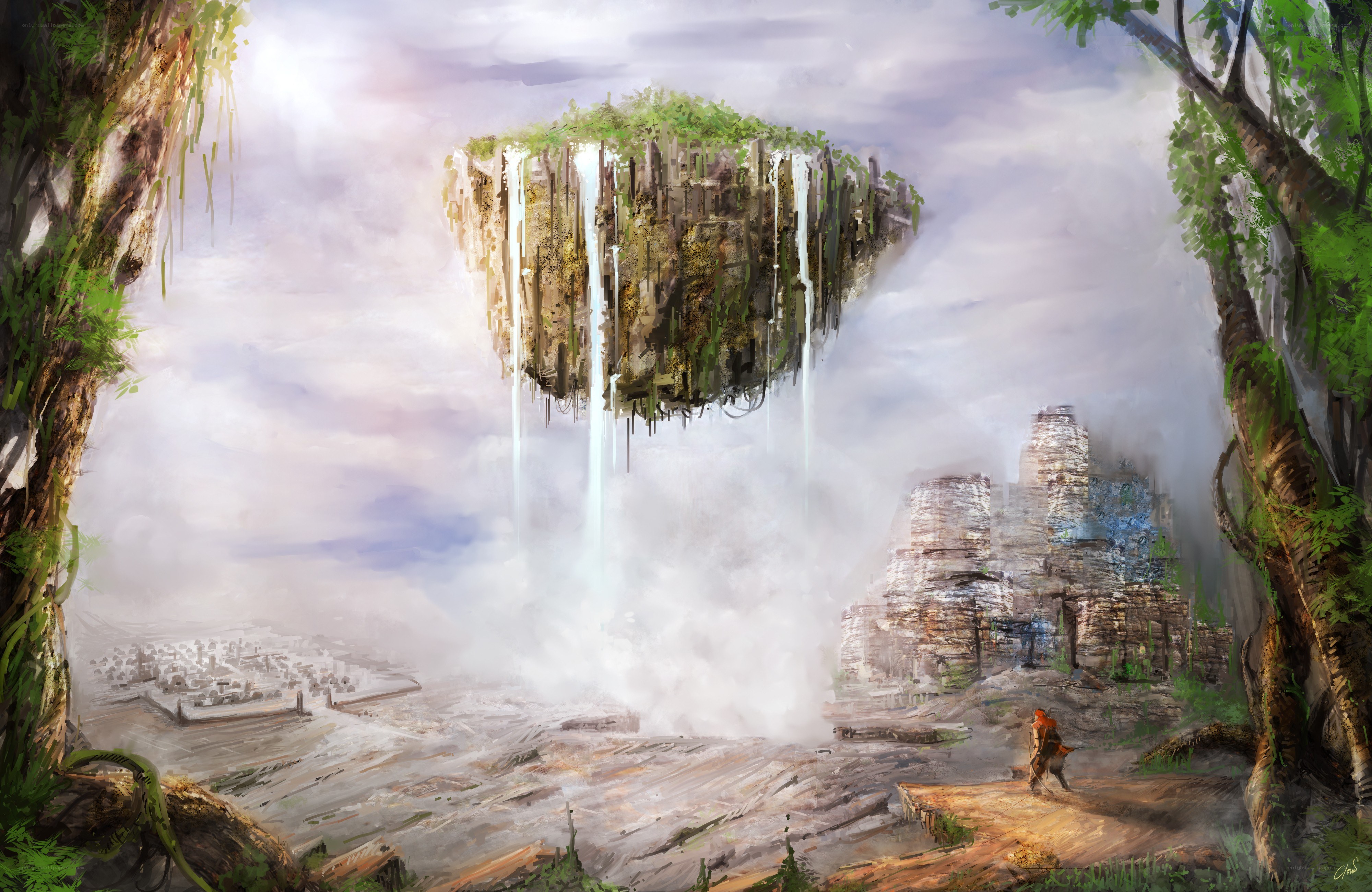 floating island with waterfalls