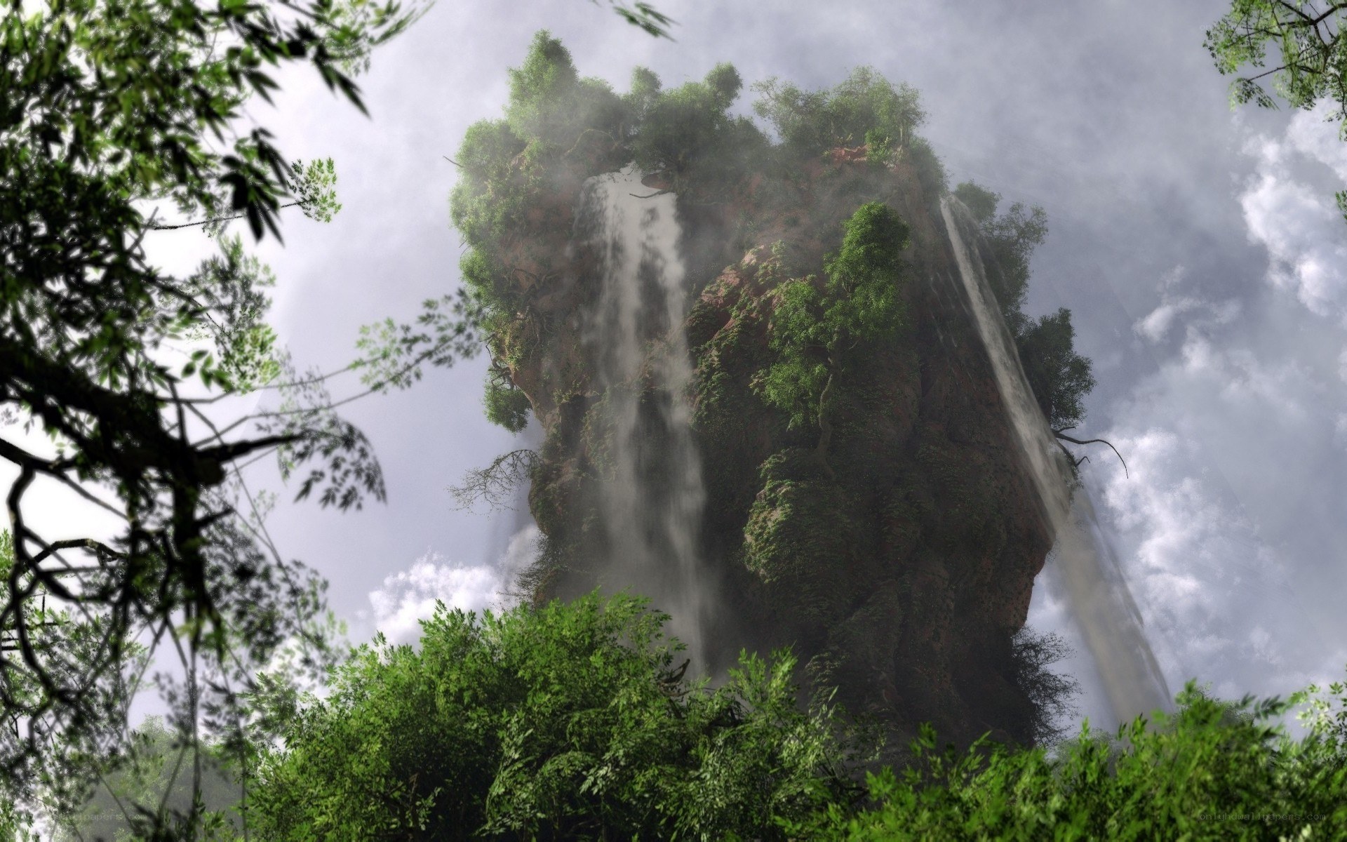 Floating island with waterfalls
