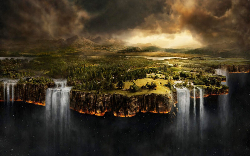 Floating island with waterfalls