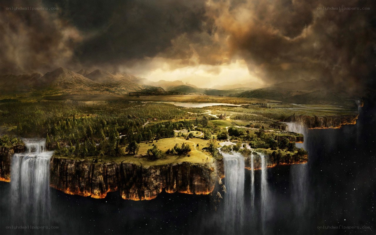 Floating island with waterfalls