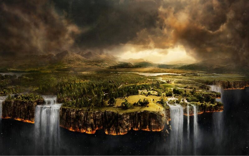 Floating Island with Waterfalls — Brown, Dramatic, Afternoon, Digital Art