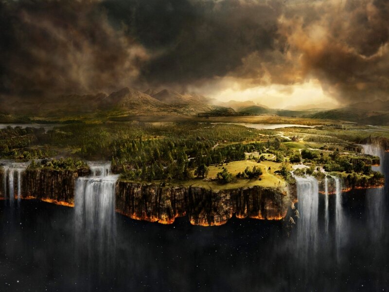 Floating Island with Waterfalls — Brown, Dramatic, Afternoon