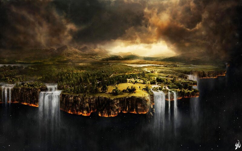 Floating Island with Waterfalls — Brown, Dramatic, Night, Digital Art, Mountains, Forest, Sky
