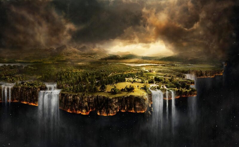 Floating Island with Waterfalls — Brown, Dramatic, Night, Digital Art, Mountains