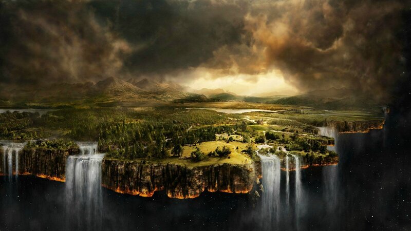 Floating Island with Waterfalls — Brown, Dramatic, Night, Digital Art