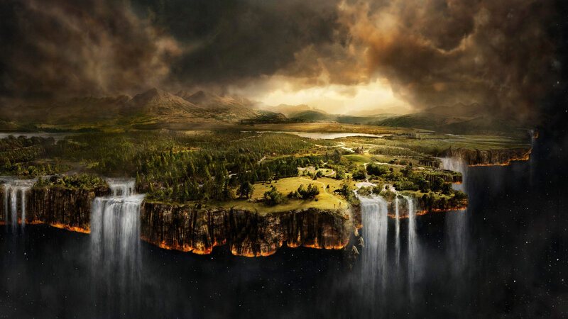Floating Island with Waterfalls — Brown, Dramatic