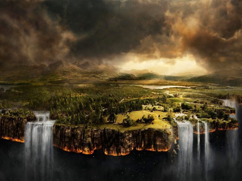 Floating Island with Waterfalls — Green, Dramatic, Afternoon, Digital Art, Mountains, Forests
