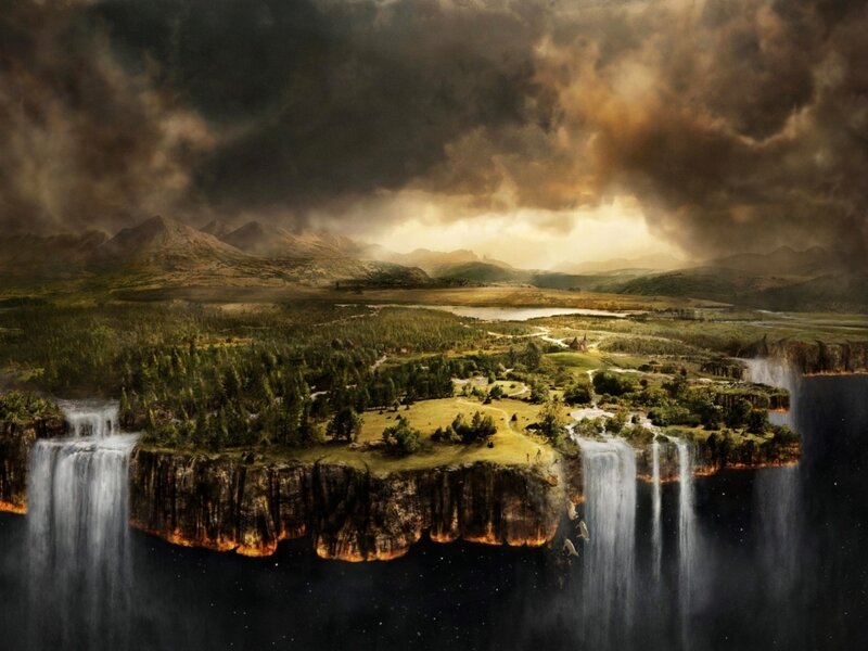 Floating Island with Waterfalls — Green, Dramatic, Afternoon