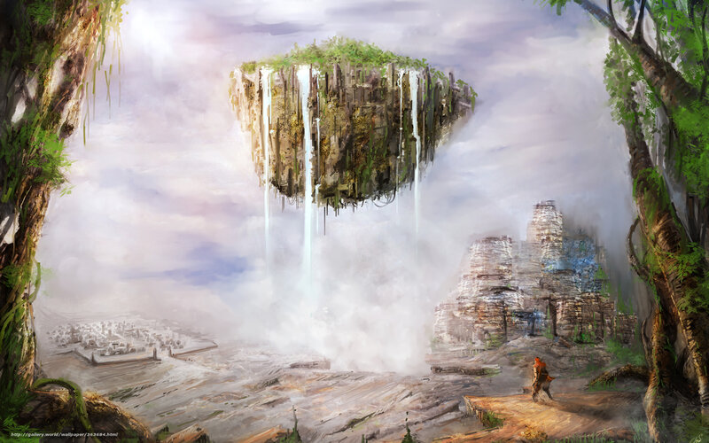 Floating Island with Waterfalls — Green, Dramatic, Digital Art