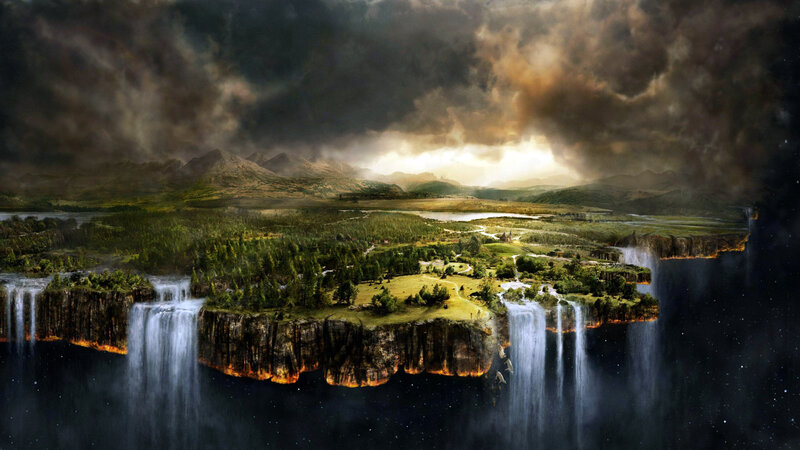 Floating Island with Waterfalls — Green, Dramatic, Night, Digital Art