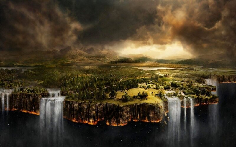 Floating Island with Waterfalls — Green, Dramatic, Night