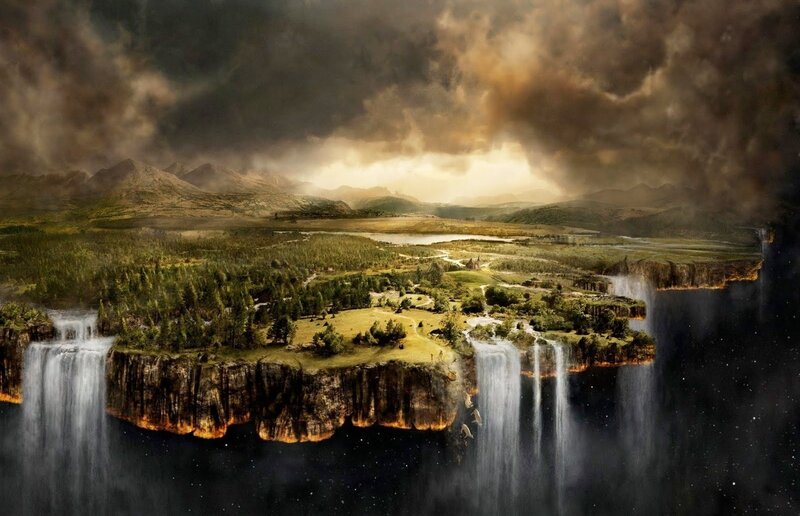 Floating Island with Waterfalls — Green, Dramatic