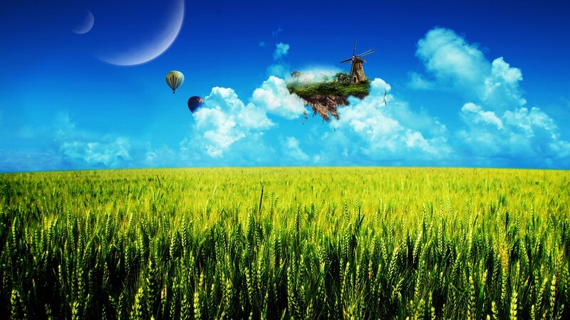 Floating Island with Windmill — Green, Dreamy, Afternoon, Digital Art, Wheat Field