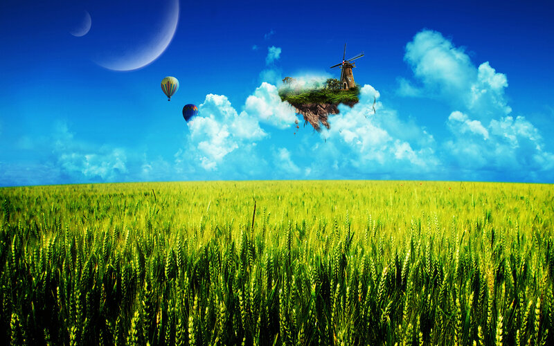 Floating Island with Windmill — Green, Dreamy, Afternoon