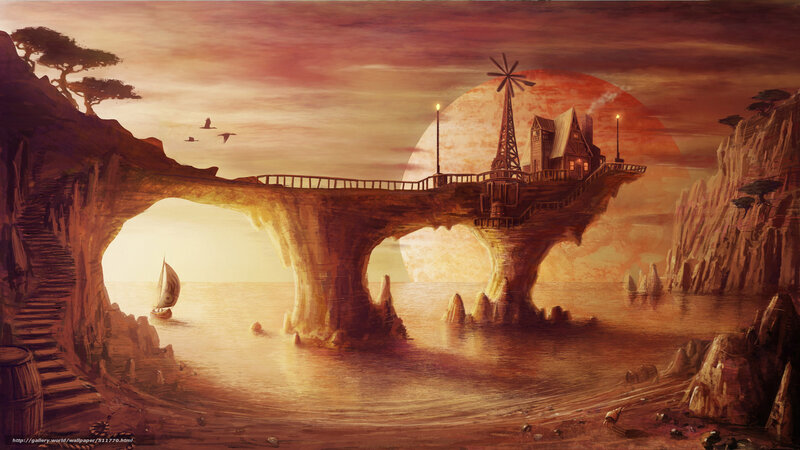Floating Island with Windmill — Orange, Dramatic
