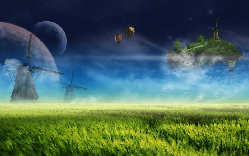 Floating Island with Windmills — Green, Dreamy, Night, Digital Art, Hot Air Balloons, Planets