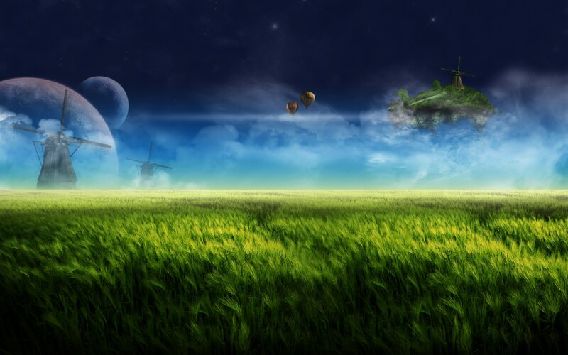 Floating Island with Windmills — Green, Dreamy, Night, Digital Art