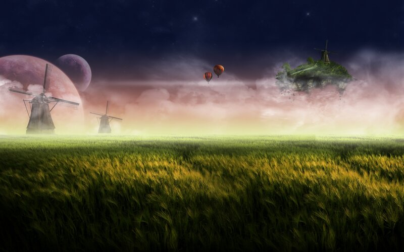 Floating Island with Windmills — Green, Dreamy, Night