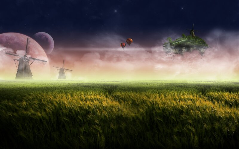 Floating Island with Windmills — Green, Dreamy