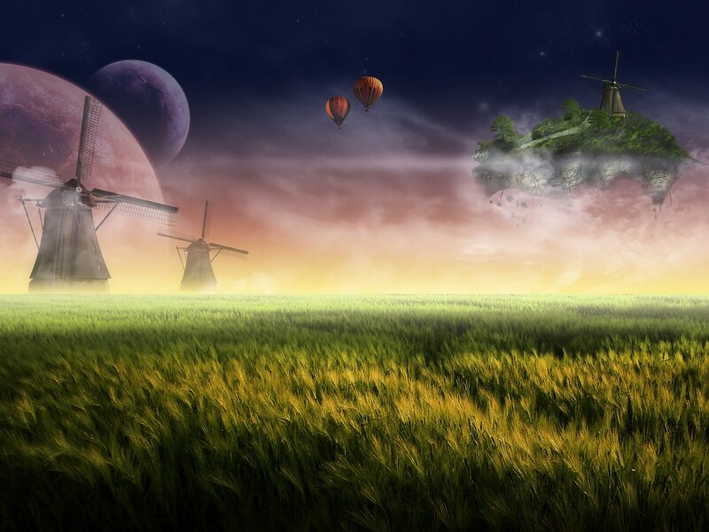 Floating Island with Windmills — Green, Fantasy