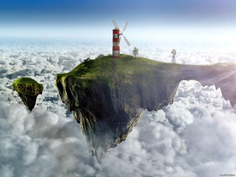Floating Island with Windmills — Green, Serene