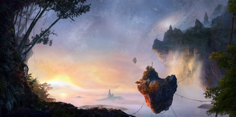floating islands at sunset