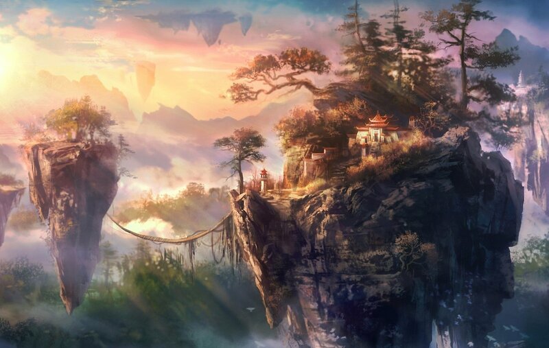 floating islands at sunset