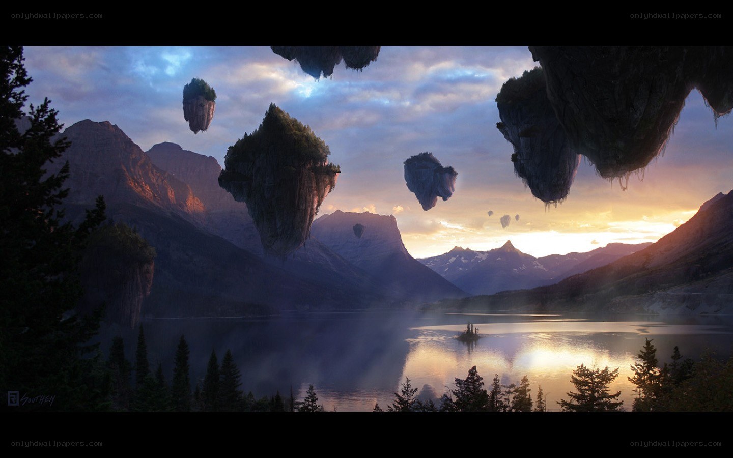 floating islands at sunset