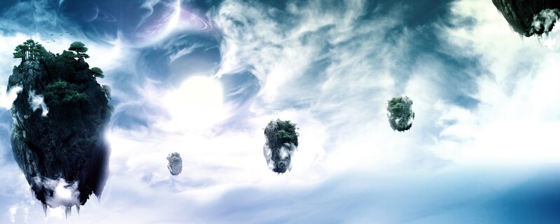 floating islands in a cloudy sky
