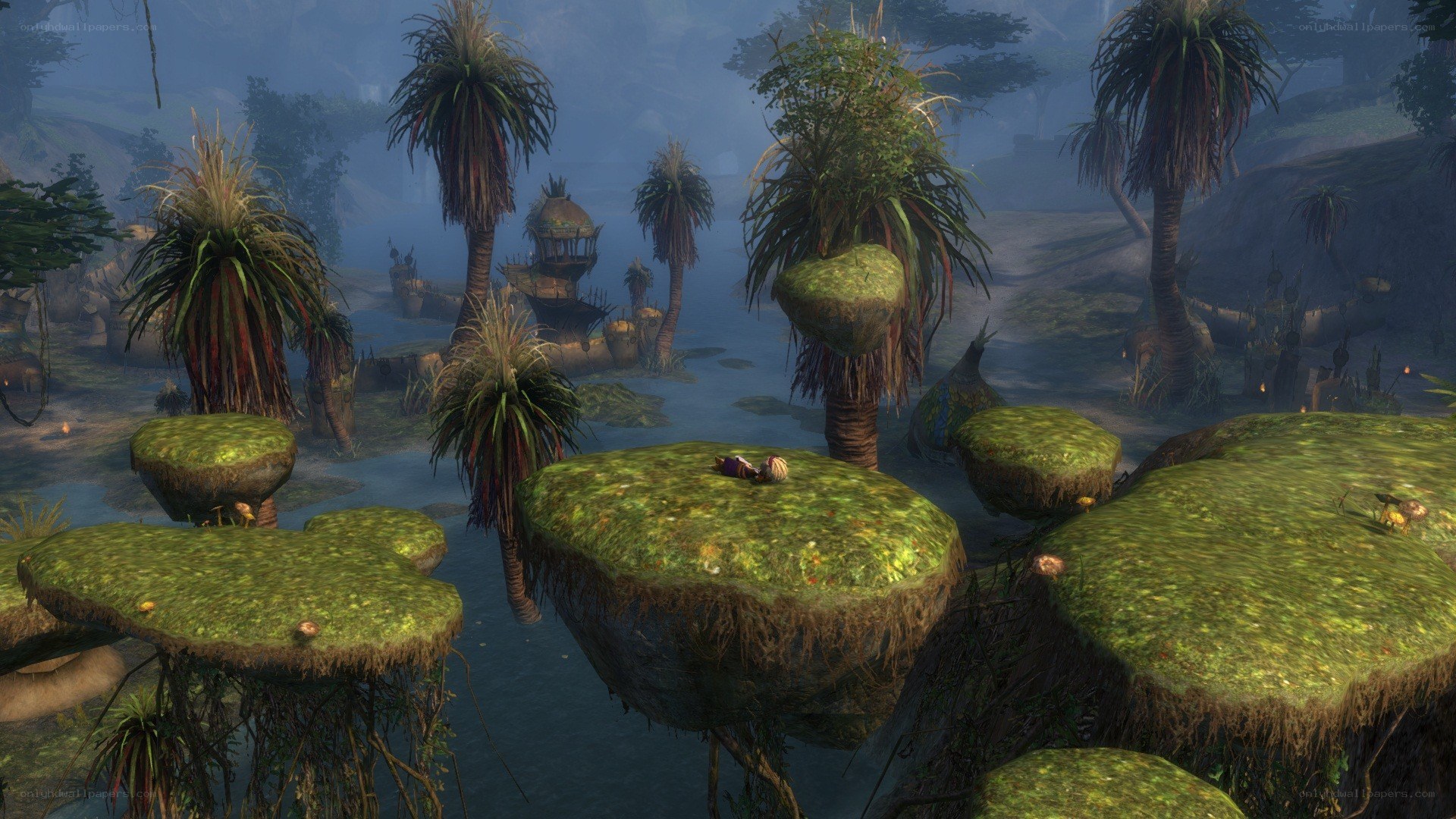 floating islands in a misty jungle