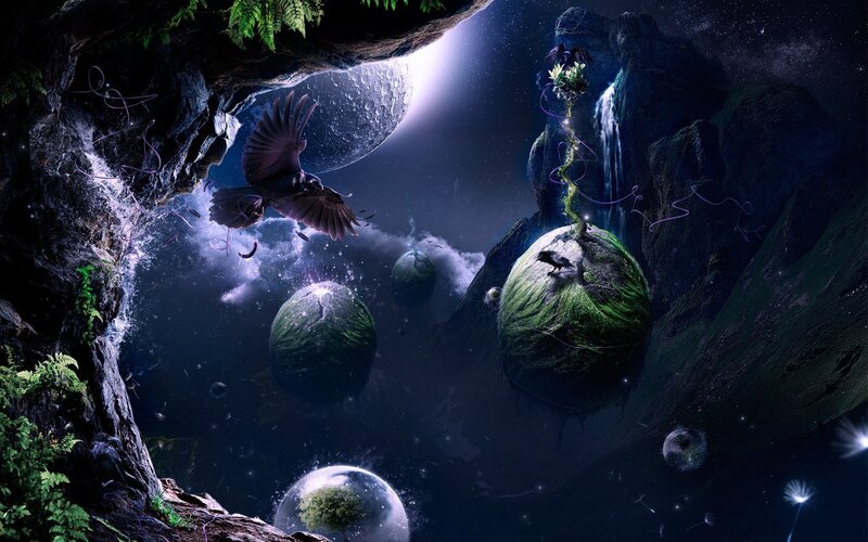 floating islands in a starry cave