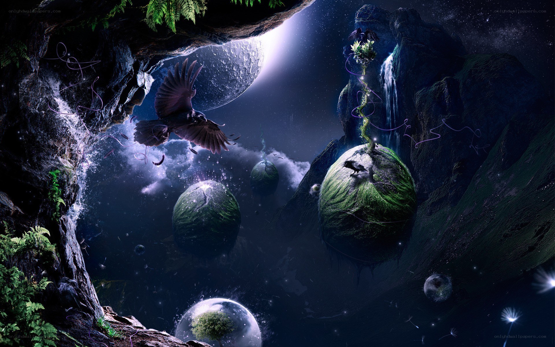 floating islands in a starry cave