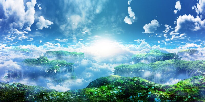Floating Islands in Clouds — Blue, Serene, Morning, Digital Art, Forests