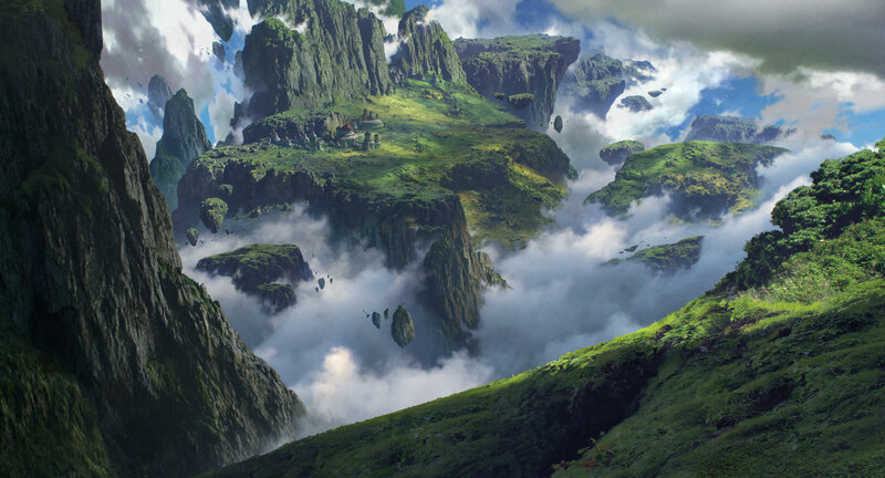 Floating Islands in Clouds — Green, Dramatic