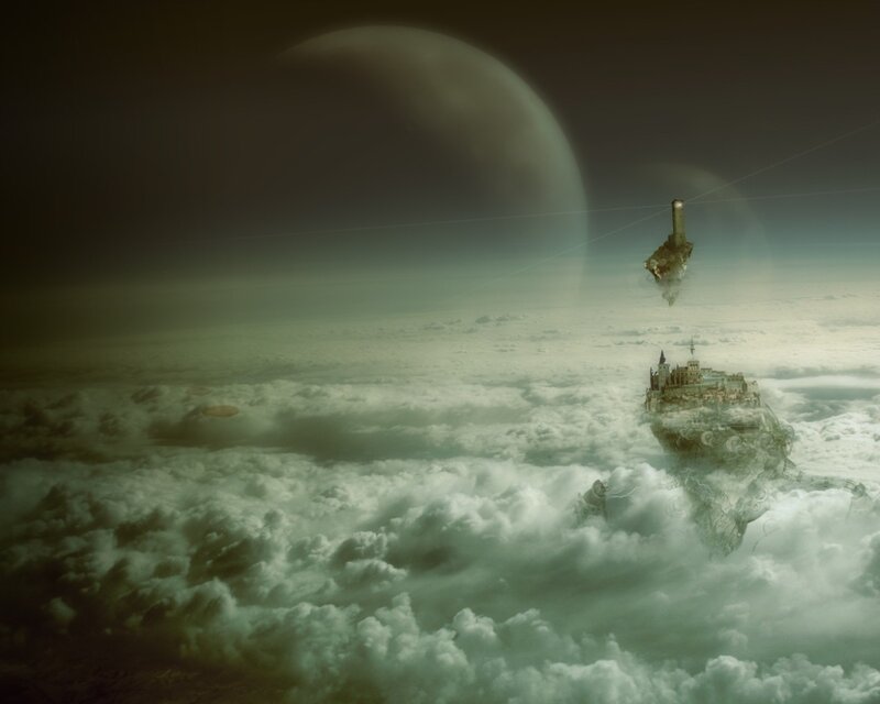 Floating Islands in Clouds — Green, Dreamy