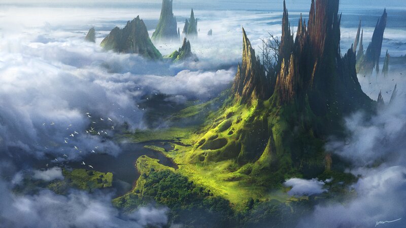 Floating Islands in Clouds — Green, Serene